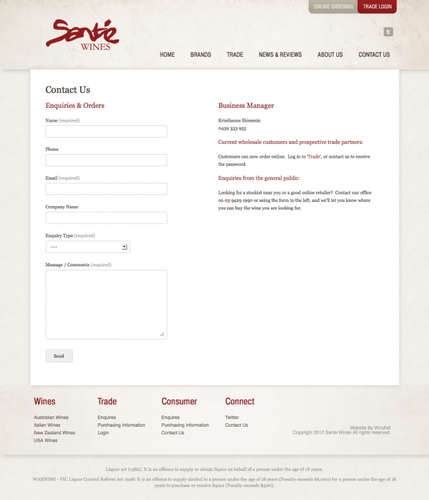 Sante Wines contact page design