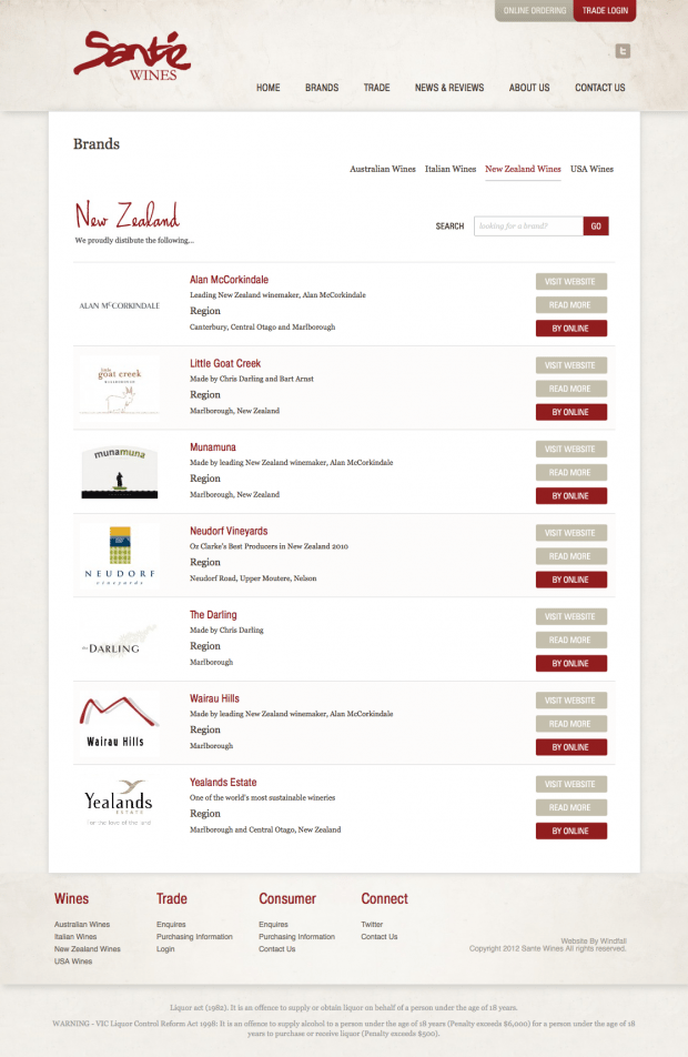 Sante Wines brands page design